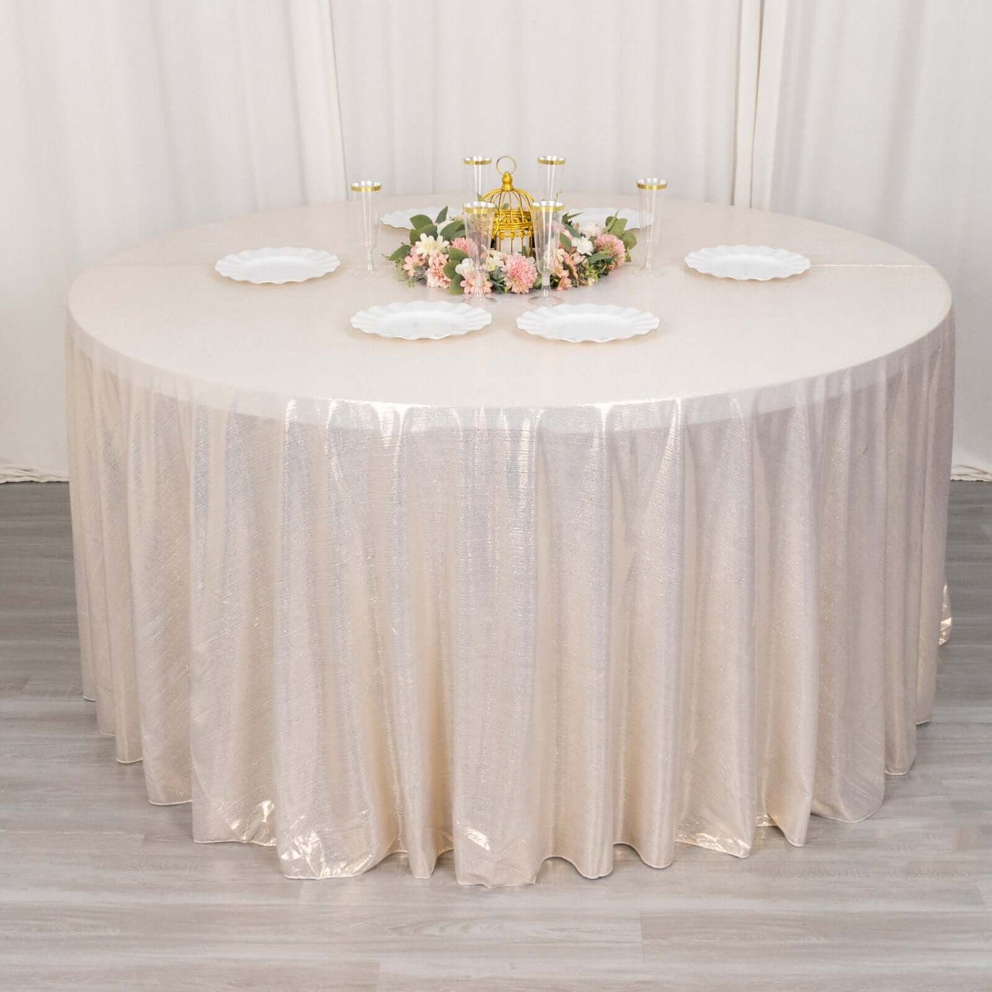 120" Beige Shimmer Sequin Dots Polyester Tablecloth, Wrinkle Free Sparkle Glitter Table Cover