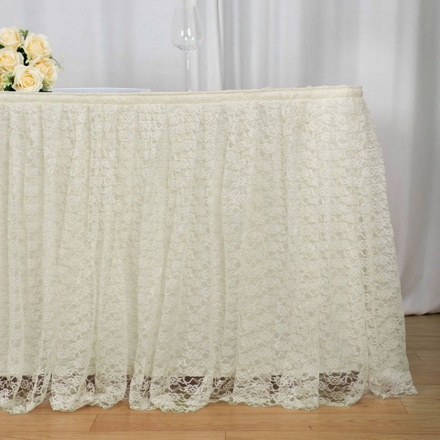 Ivory Premium Pleated Lace Table Skirt 17ft