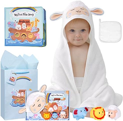 My First Noahs Ark 7 pcs Baptism Gift Set, Dedication, Christening and Baptism Gifts for Boys and Newborn Baby, Includes Bamboo Washcloth and Hooded Towel, Baby Bath Book, 3 Bath Toys and Gift Bag