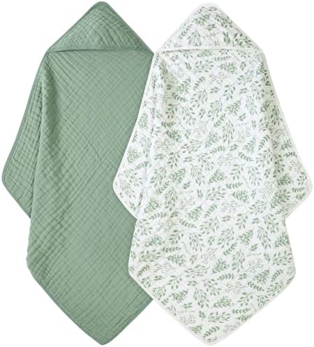 FIEMOL Baby Bath Towels, 100% Muslin Cotton Hooded Baby Towels for Newborn, 2 Pack Baby Towels with Hood for Infant Toddler and Kids, Large 32x32Inch, Soft and Absorbent