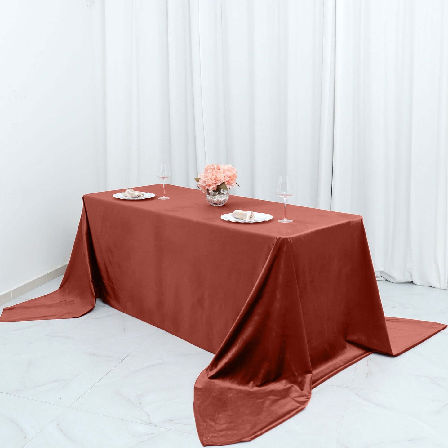 90"x156" Terracotta (Rust) Seamless Premium Velvet Rectangle Tablecloth, Reusable Linen