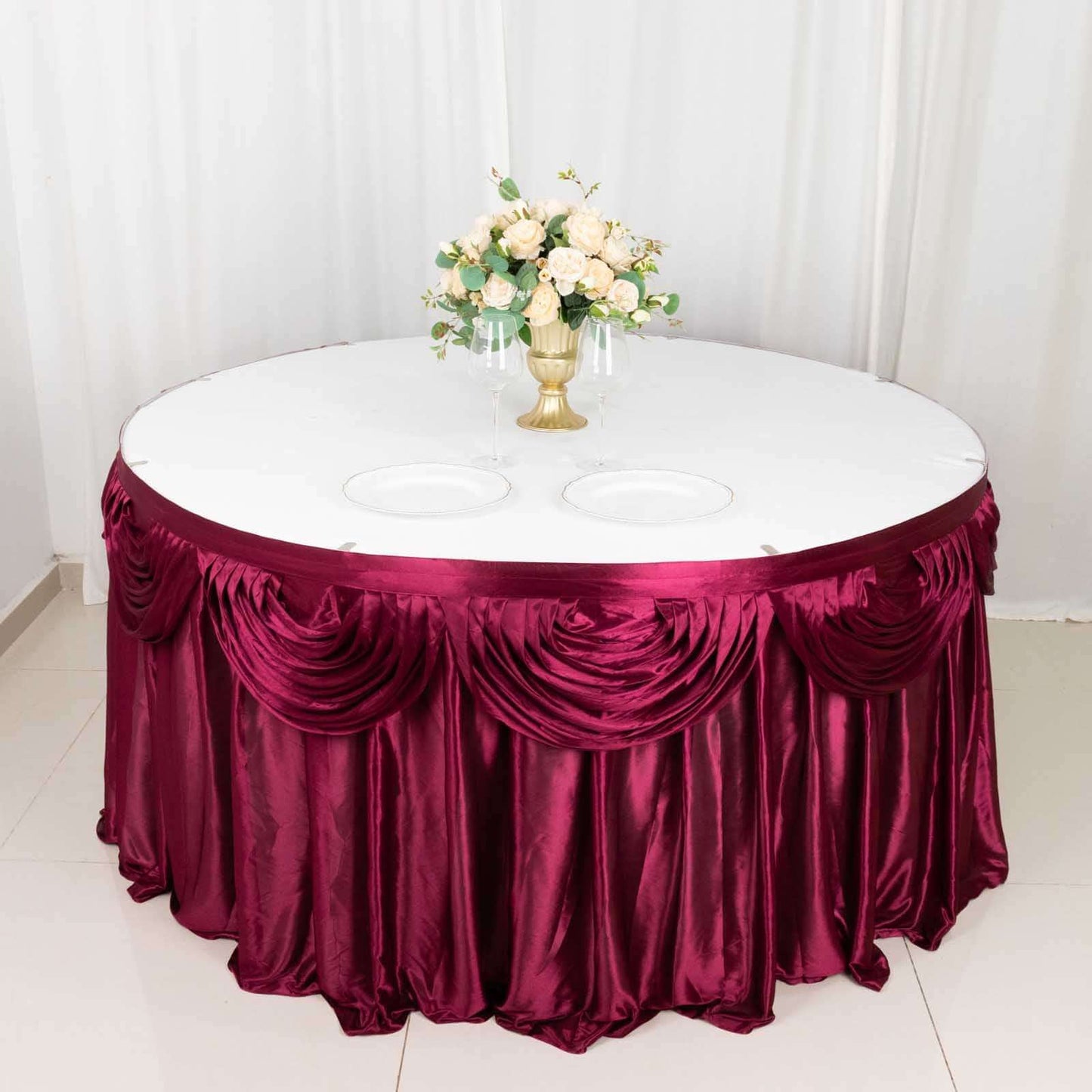 Burgundy Pleated Satin Double Drape Table Skirt 14ft