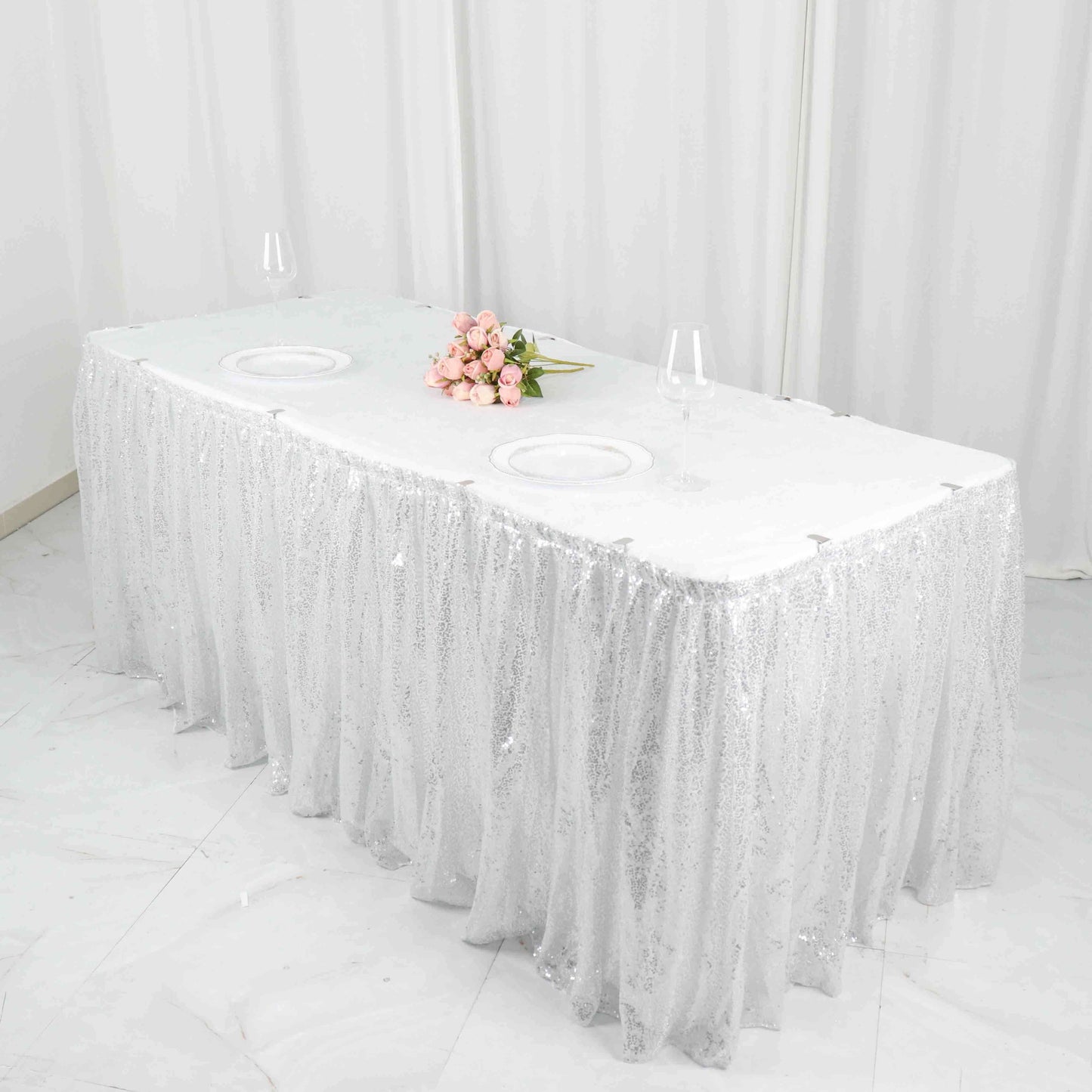 17ft Glitzy Silver Sequin Pleated Satin Table Skirt With Top Velcro Strip