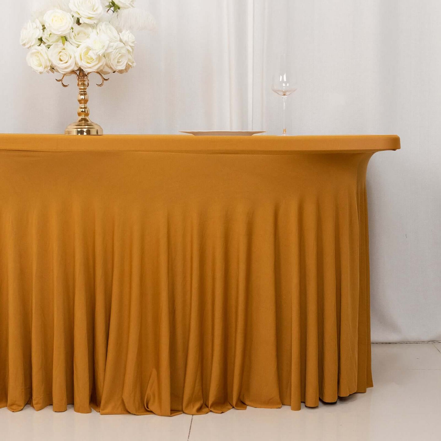 6ft Gold Wavy Spandex Fitted Rectangle 1-Piece Tablecloth Table Skirt, Stretchy Table Skirt Cover with Ruffles