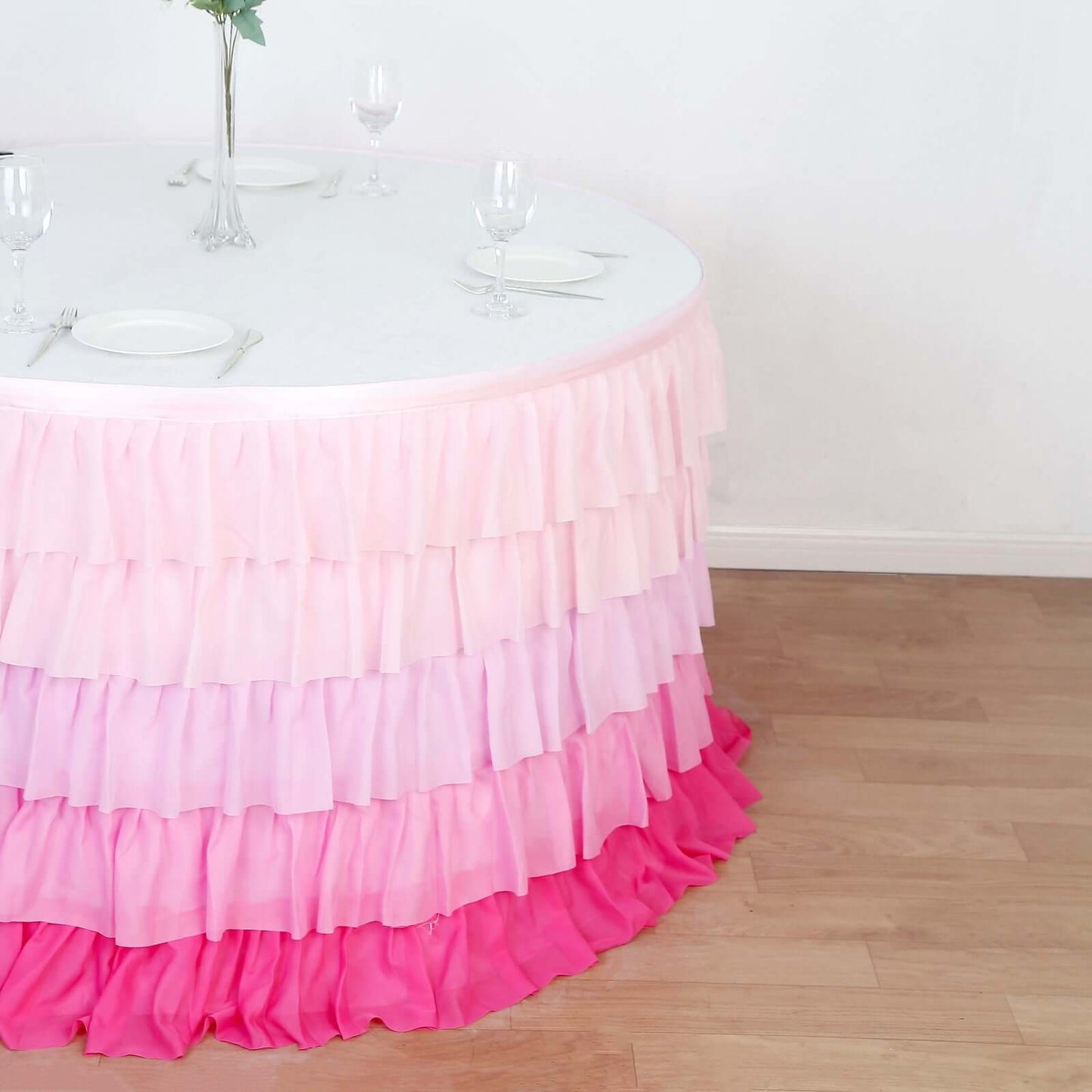 14ft Gradient Pink Chiffon Ruffled Tutu Table Skirt with Satin Backing, 5-Tier Ombre Table Skirting