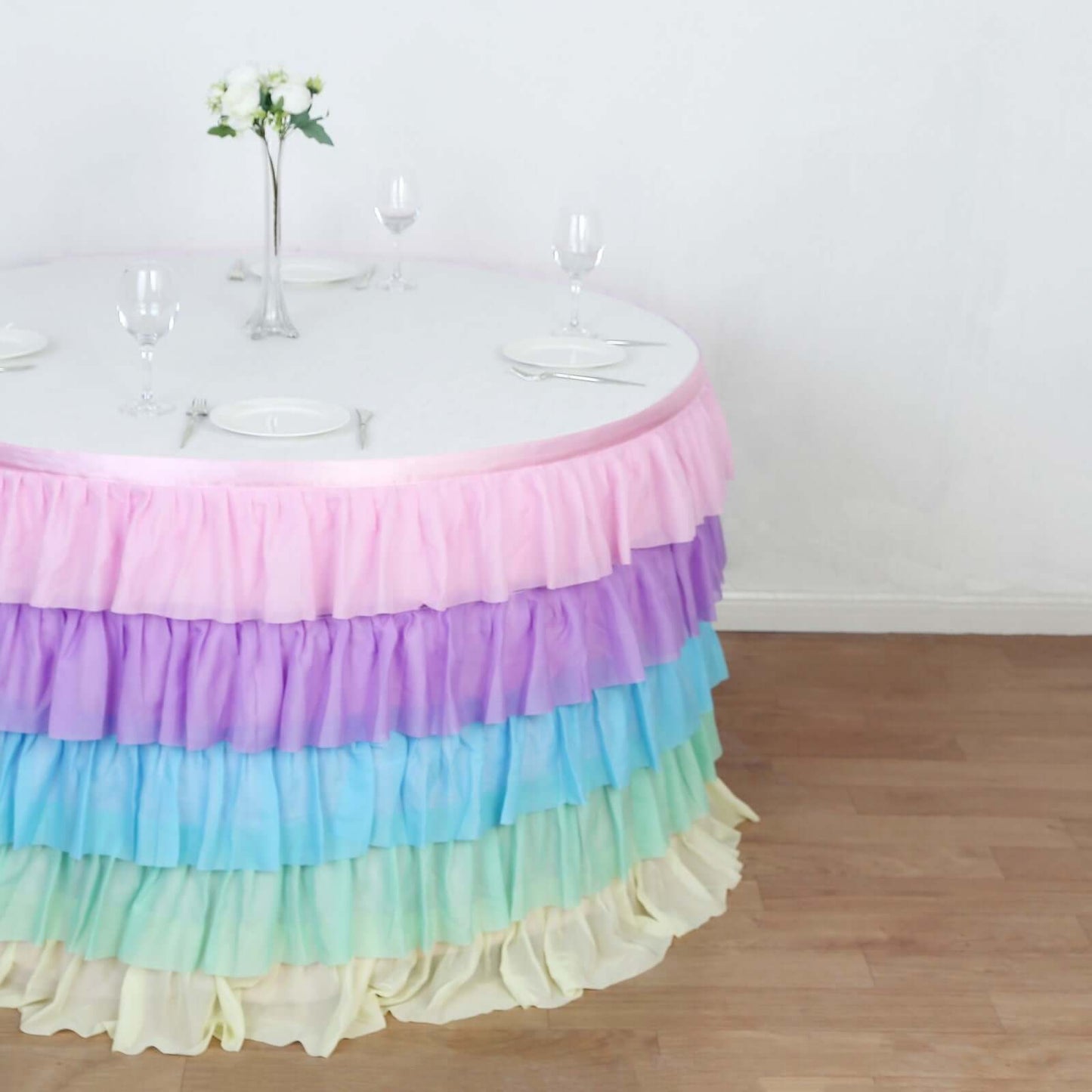 14ft Gradient Unicorn Themed Chiffon Ruffled Tutu Table Skirt with Satin Backing, 5-Tier Rainbow Table Skirting