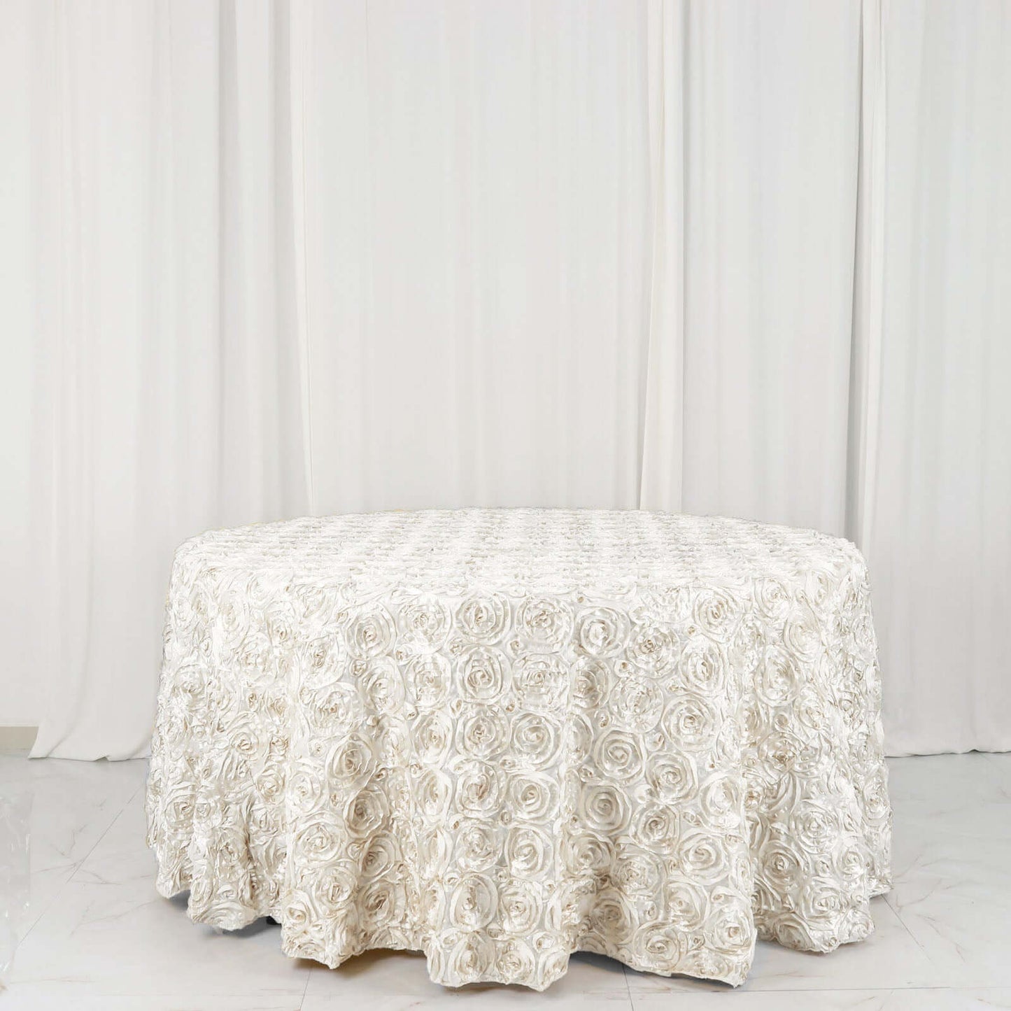 Ivory Seamless Grandiose 3D Rosette Satin Round Tablecloth 120"