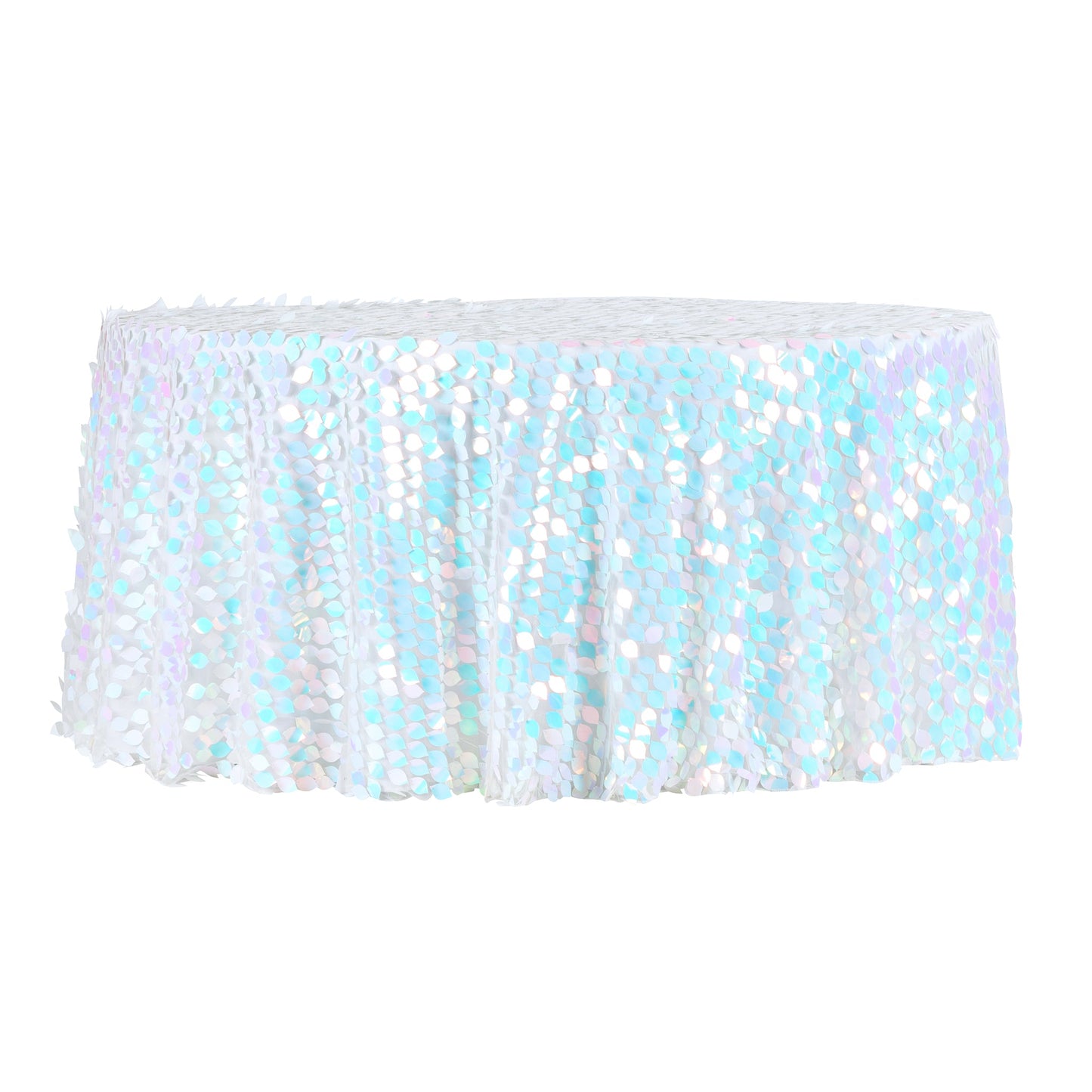 Leaf Payette Sequin Round 120" Tablecloth - Iridescent White