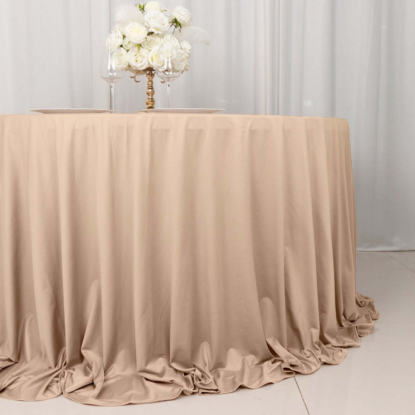 132" Nude Premium Scuba Wrinkle Free Round Tablecloth, Seamless Scuba Polyester Tablecloth