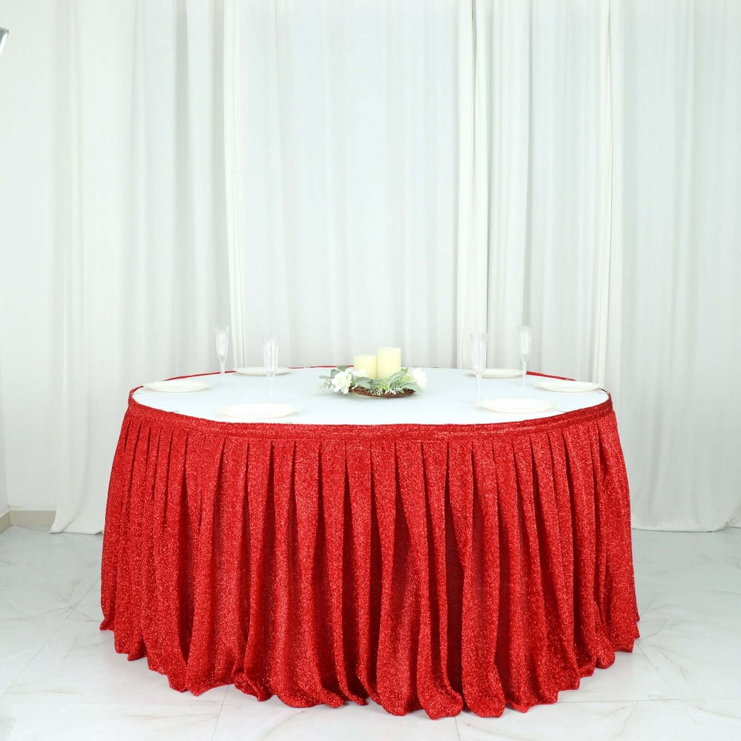 Red Metallic Shimmer Tinsel Spandex Pleated Table Skirt with Top Velcro Strip 17ft