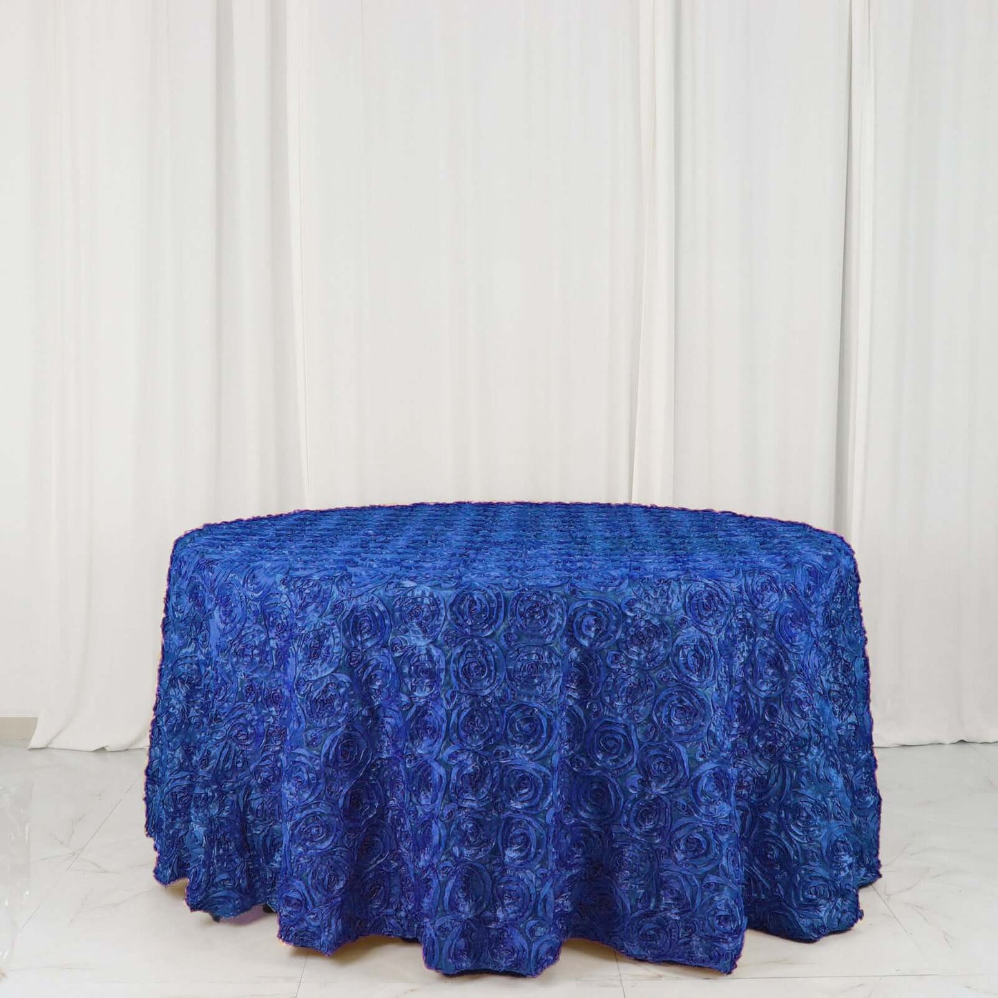 Royal Blue Seamless Grandiose 3D Rosette Satin Round Tablecloth 120"