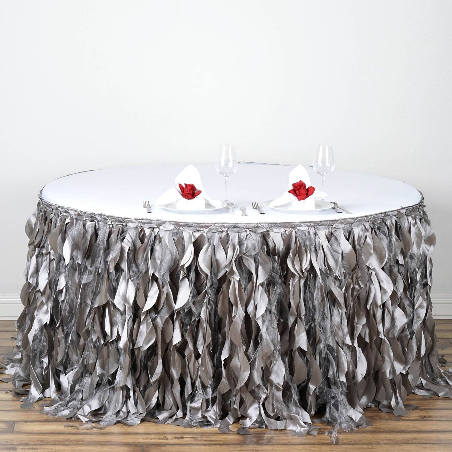 Silver Curly Willow Taffeta Table Skirt 14ft