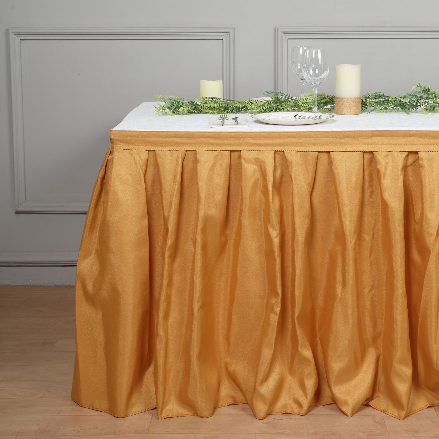 Gold Pleated Polyester Table Skirt, Banquet Folding Table Skirt 17ft