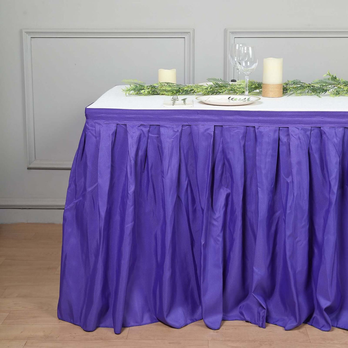 Purple Pleated Polyester Table Skirt, Banquet Folding Table Skirt 21ft