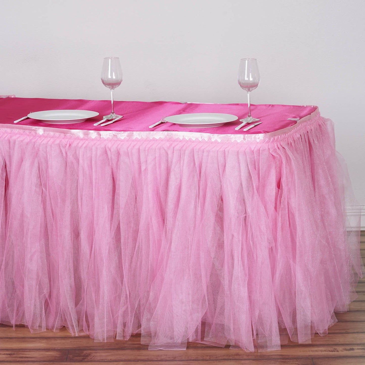 Pink Two Layered Pleated Tulle Tutu Table Skirt With Satin Edge 17ft