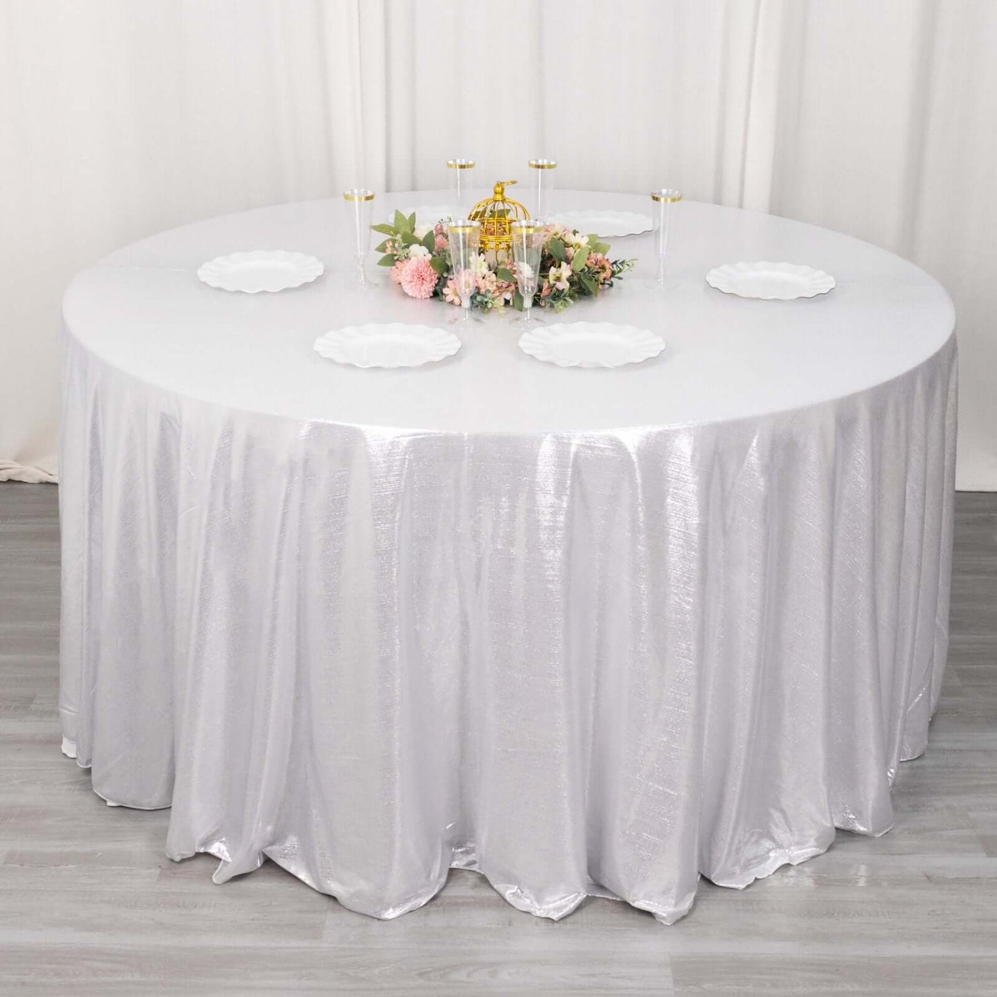 120" Silver Shimmer Sequin Dots Polyester Tablecloth, Wrinkle Free Sparkle Glitter Table Cover