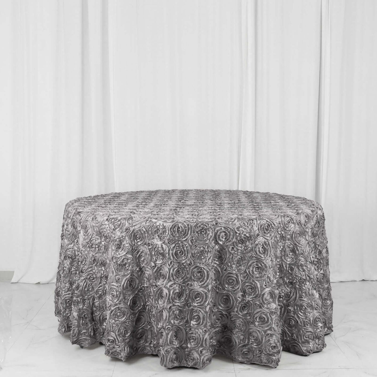 Silver Seamless Grandiose 3D Rosette Satin Round Tablecloth 120"