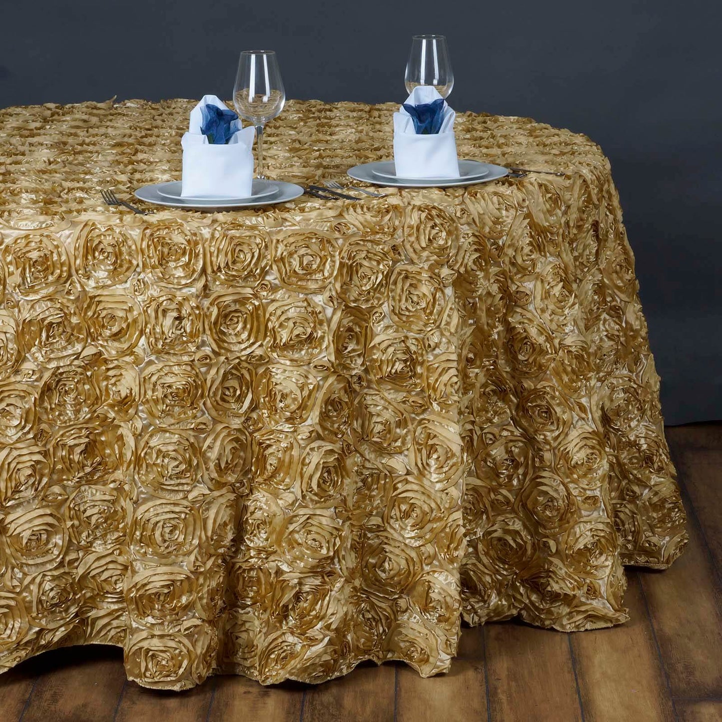 Champagne Seamless Grandiose Rosette 3D Satin Round Tablecloth 132"