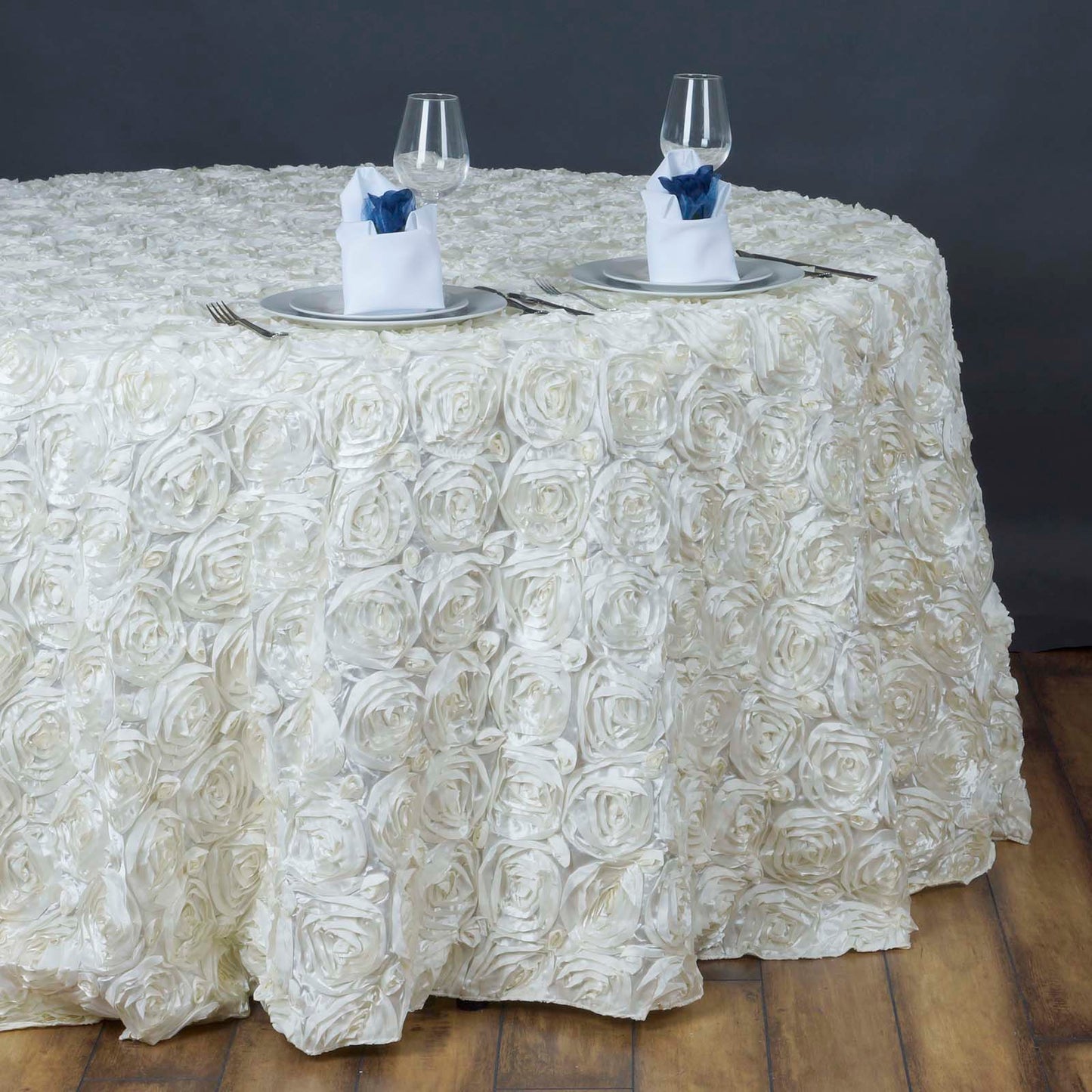 Ivory Seamless Grandiose Rosette 3D Satin Round Tablecloth 132"