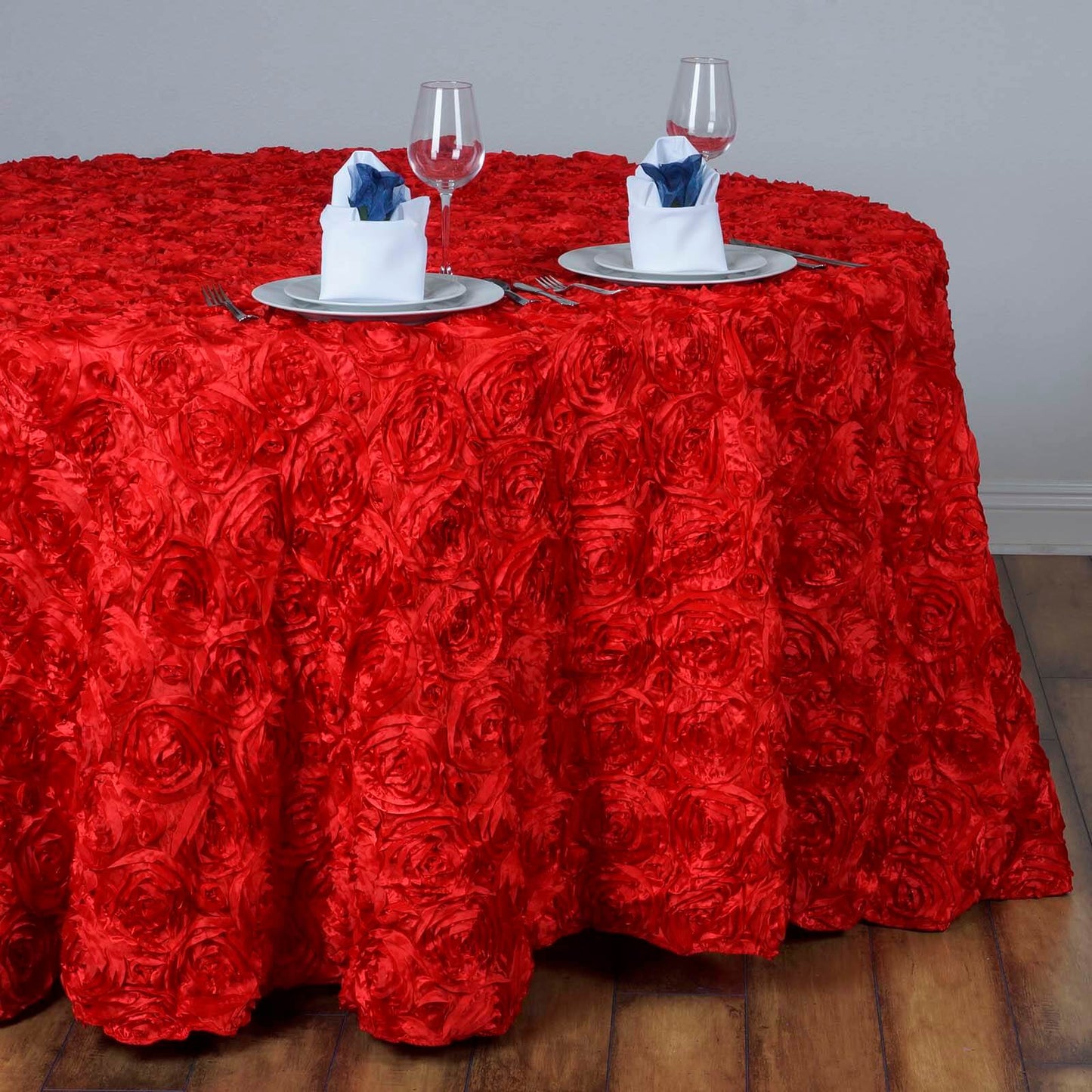 Red Seamless Grandiose Rosette 3D Satin Round Tablecloth 132"