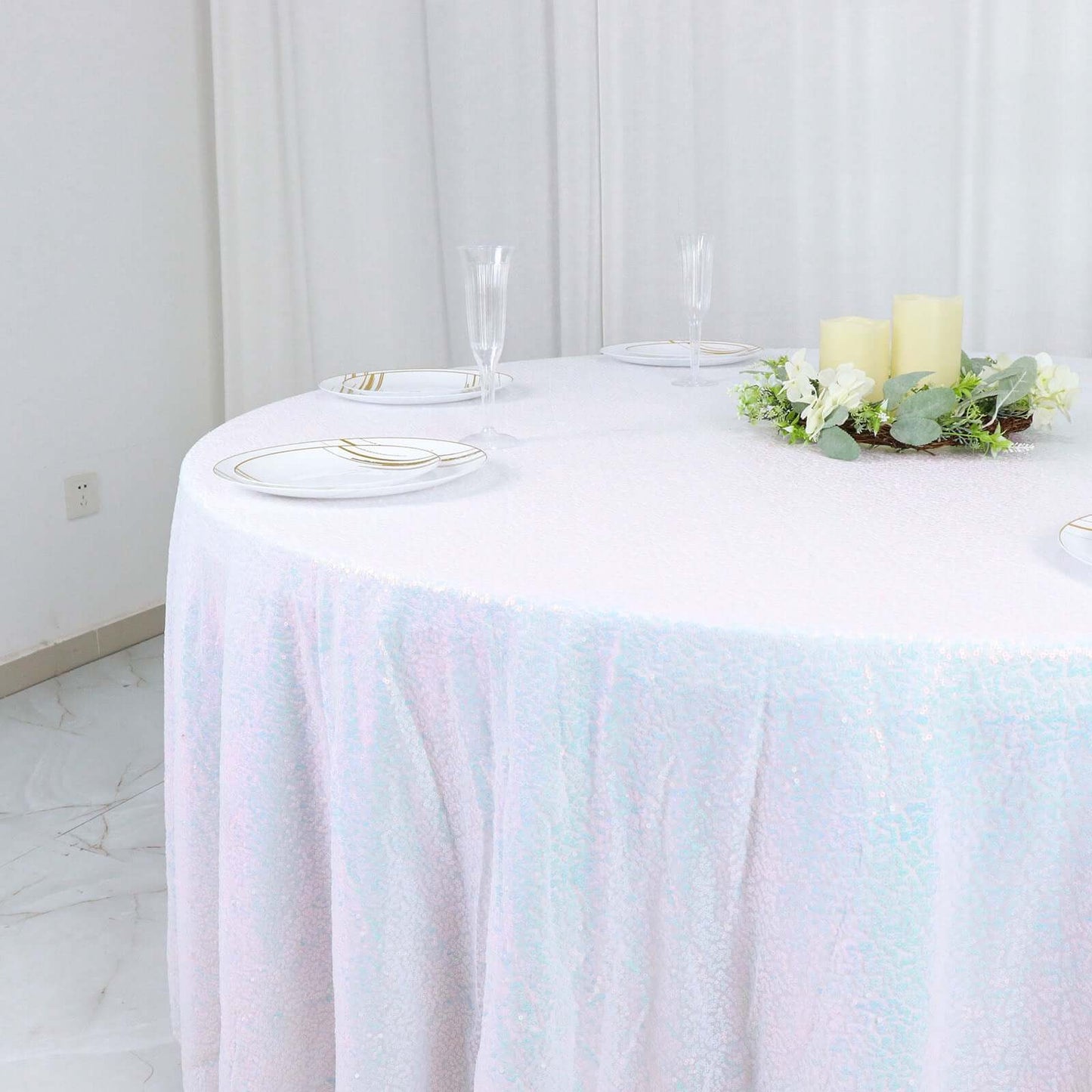 Iridescent Blue Seamless Sequin Round Tablecloth Premium Collection 120"