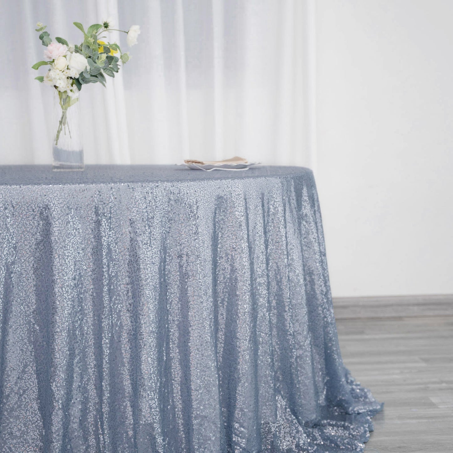 Dusty Blue Seamless Premium Sequin Round Tablecloth, Sparkly Tablecloth 132"
