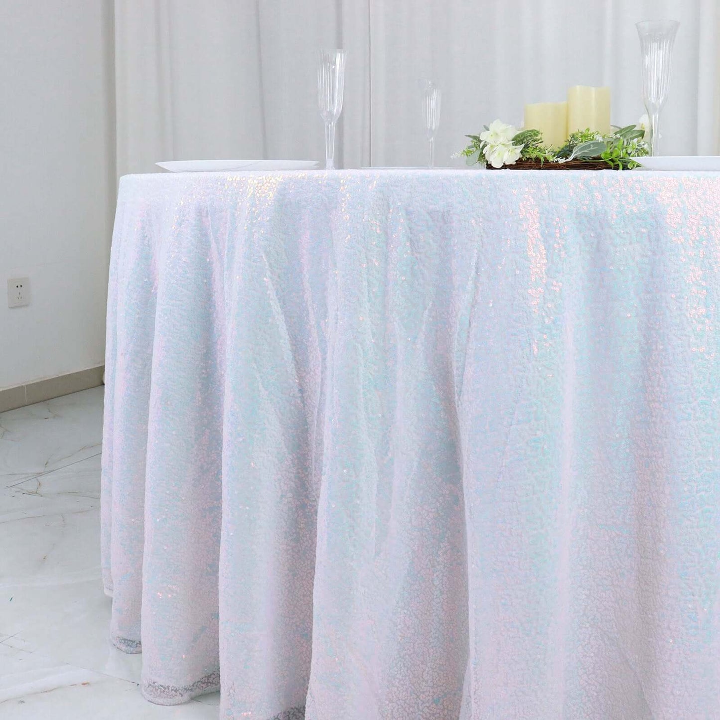 Iridescent Blue Seamless Premium Sequin Round Tablecloth, Sparkly Tablecloth 132"