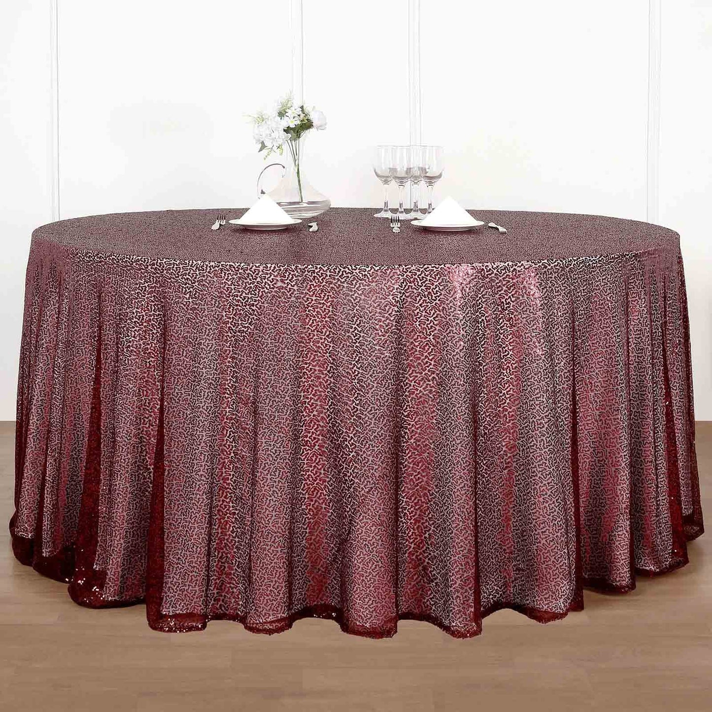 Burgundy Seamless Premium Sequin Round Tablecloth, Sparkly Tablecloth 132"