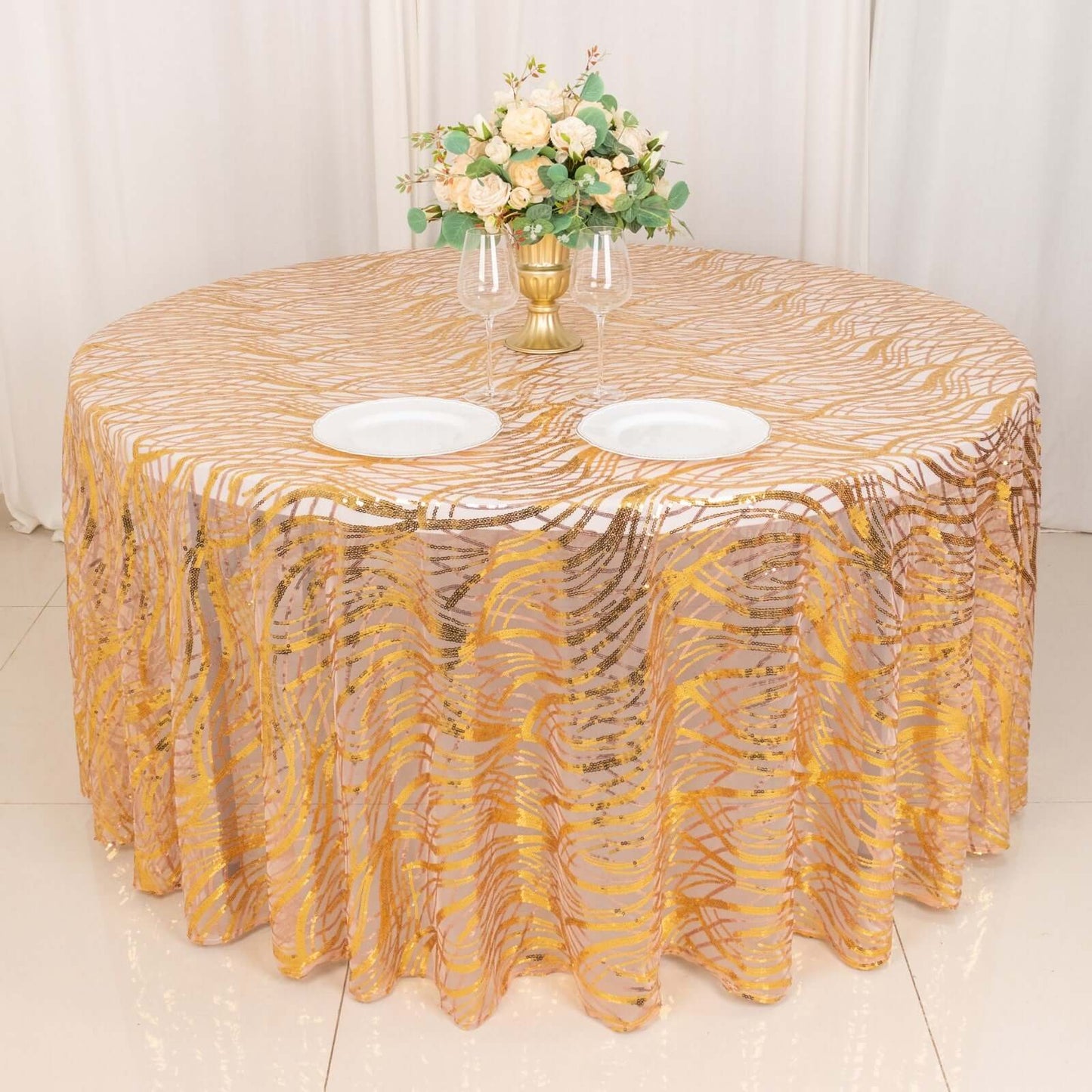 120" Rose Gold Wave Mesh Round Tablecloth With Gold Embroidered Sequins