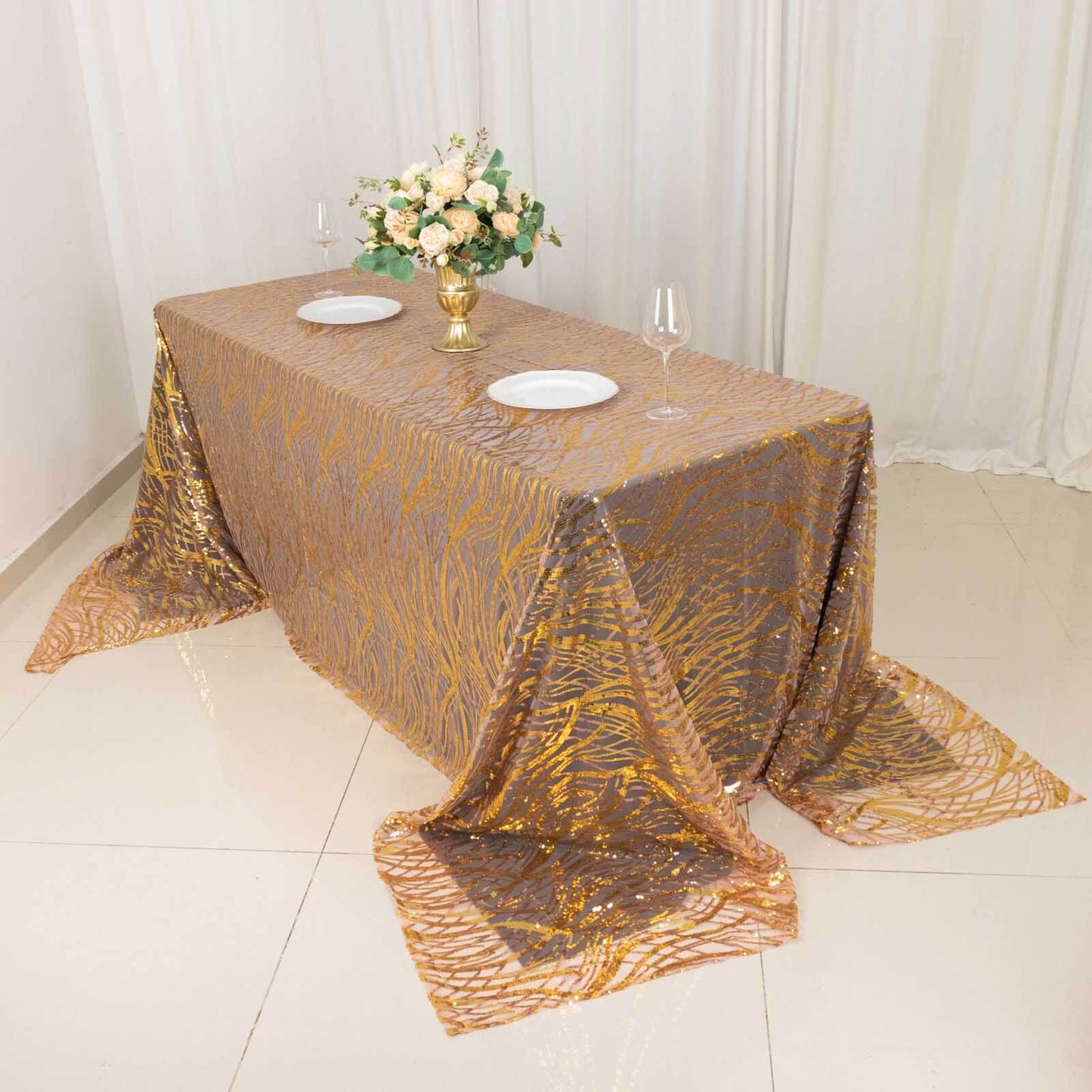 90"x156" Rose Gold Wave Mesh Rectangular Tablecloth With Gold Embroidered Sequins