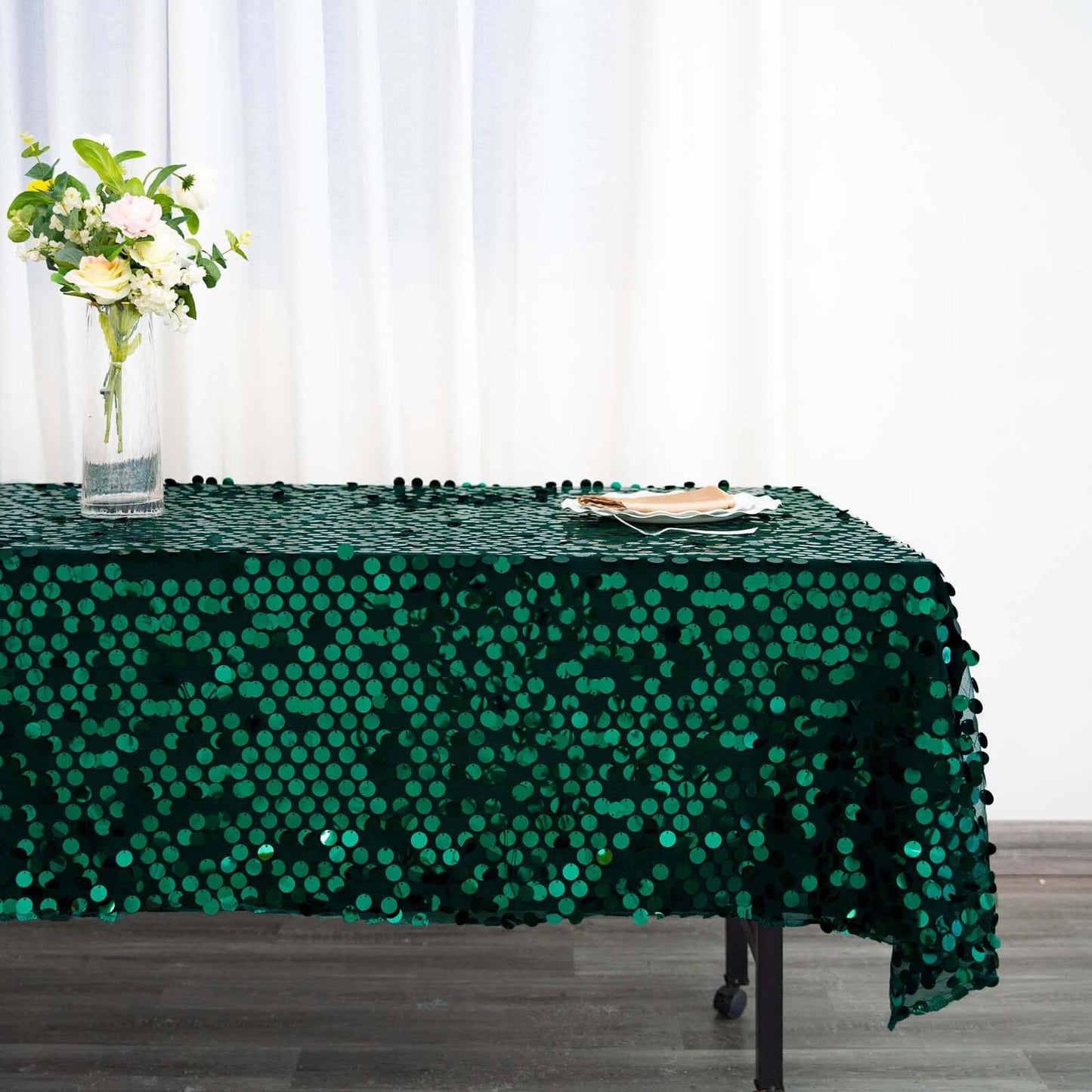 Hunter Emerald Green Seamless Big Payette Sequin Rectangle Tablecloth 60"x102"
