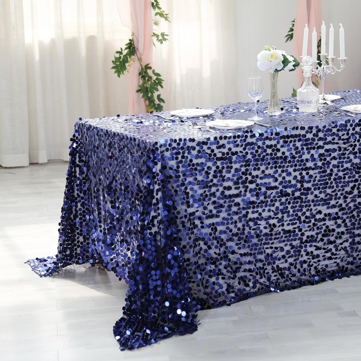 Navy Blue Seamless Big Payette Sequin Rectangle Tablecloth Premium 90"x156"