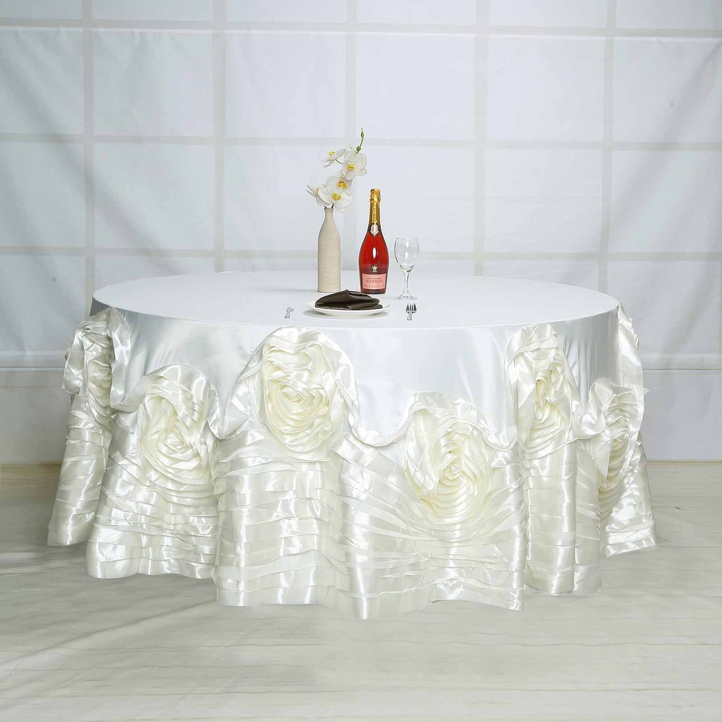 Ivory Seamless Large Rosette Round Lamour Satin Tablecloth 120"