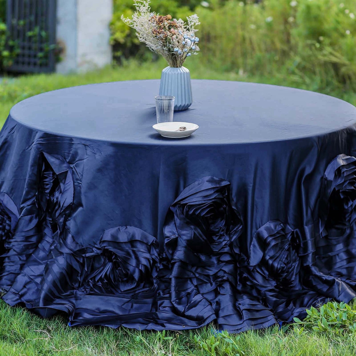 Navy Blue Seamless Large Rosette Round Lamour Satin Tablecloth 120"