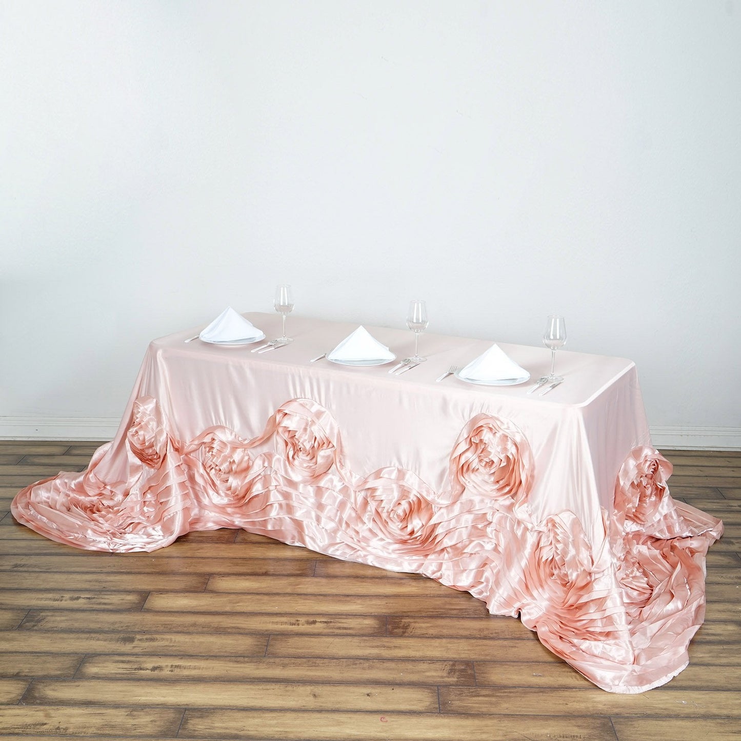 Blush Seamless Large Rosette Rectangular Lamour Satin Tablecloth 90"x132"