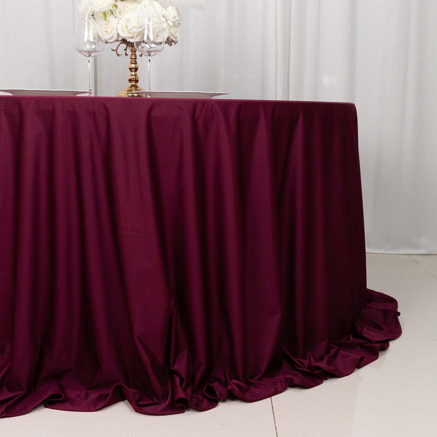 132" Burgundy Premium Scuba Wrinkle Free Round Tablecloth, Seamless Scuba Polyester Tablecloth