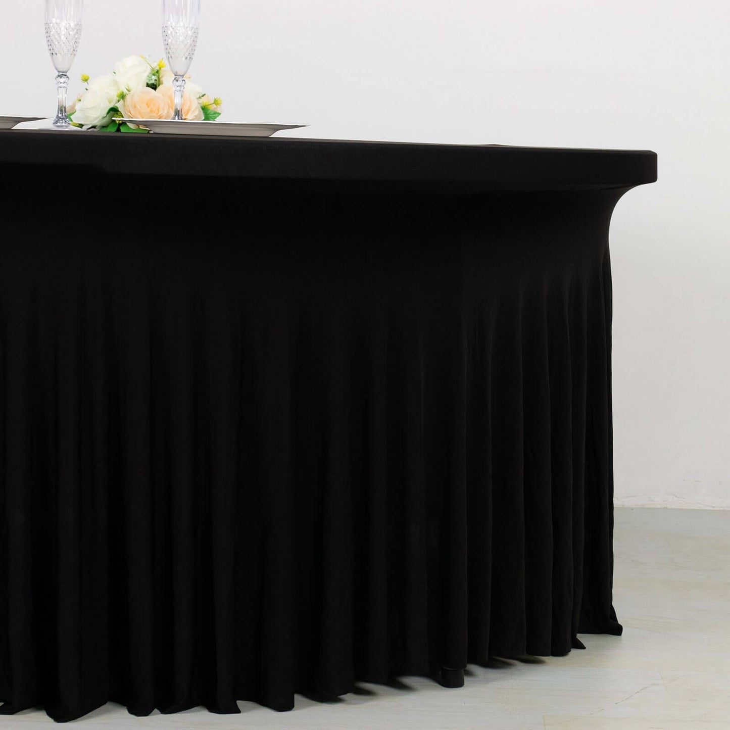 5ft Black Wavy Spandex Fitted Round 1-Piece Tablecloth Table Skirt, Stretchy Table Cover with Ruffles