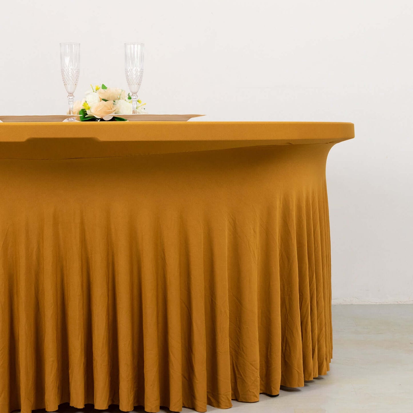 5ft Gold Wavy Spandex Fitted Round 1-Piece Tablecloth Table Skirt, Stretchy Table Cover with Ruffles