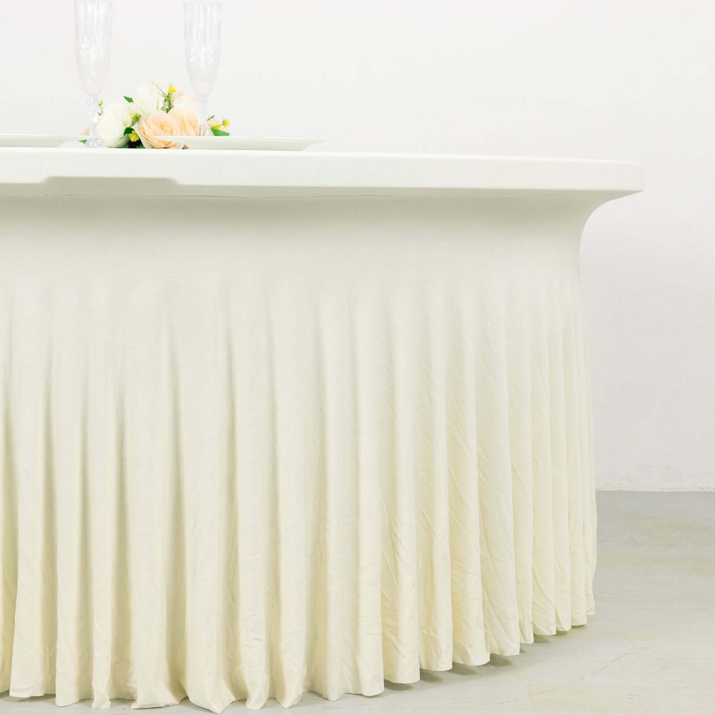 5ft Ivory Wavy Spandex Fitted Round 1-Piece Tablecloth Table Skirt, Stretchy Table Cover with Ruffles