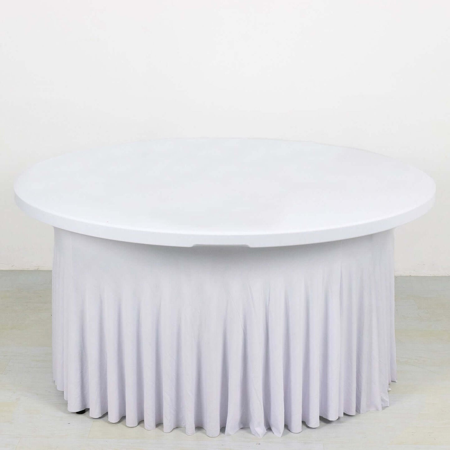 6ft White Wavy Spandex Fitted Round 1-Piece Tablecloth Table Skirt, Stretchy Table Cover with Ruffles