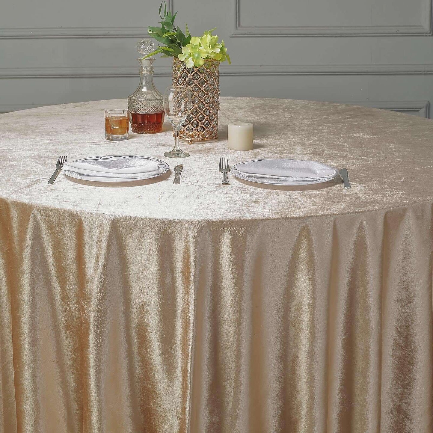 Champagne Seamless Premium Velvet Round Tablecloth, Reusable Linen 120"