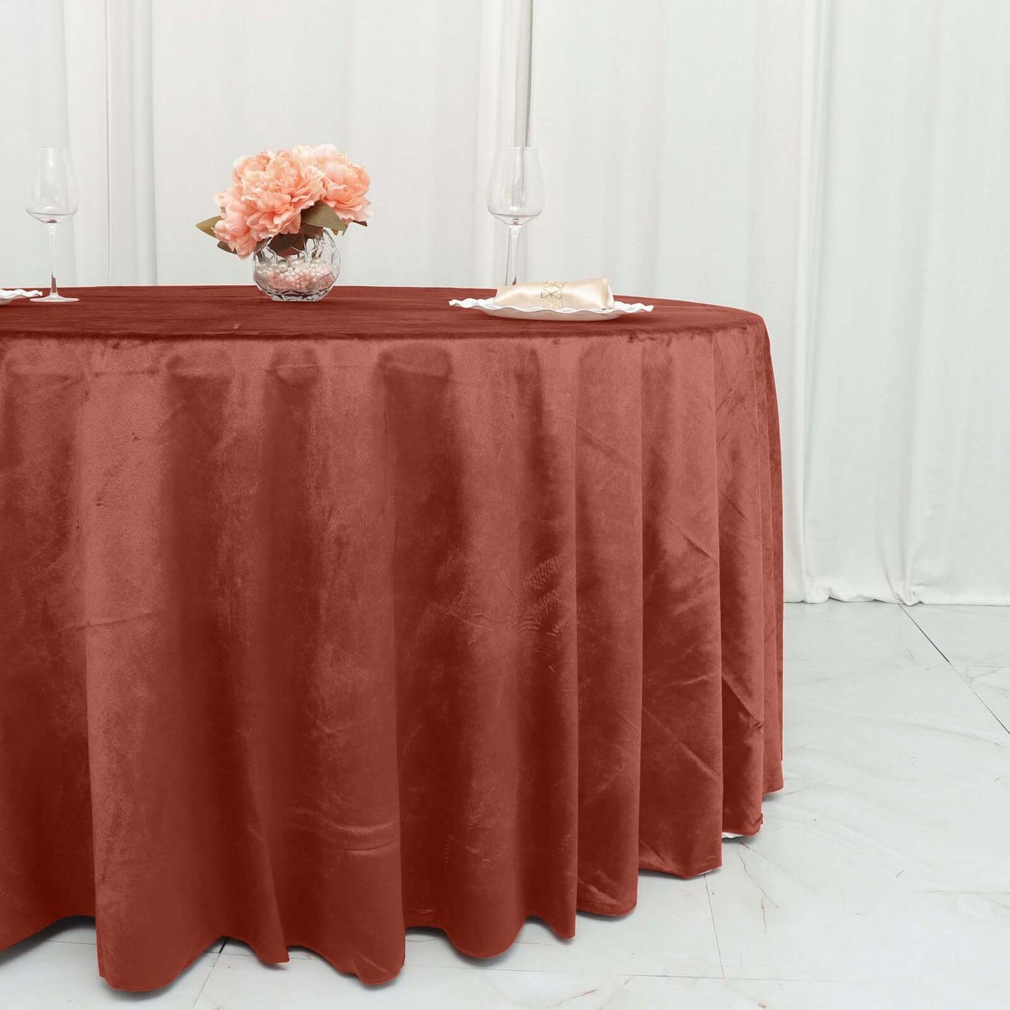 Terracotta (Rust) Seamless Premium Velvet Round Tablecloth, Reusable Linen - 120"