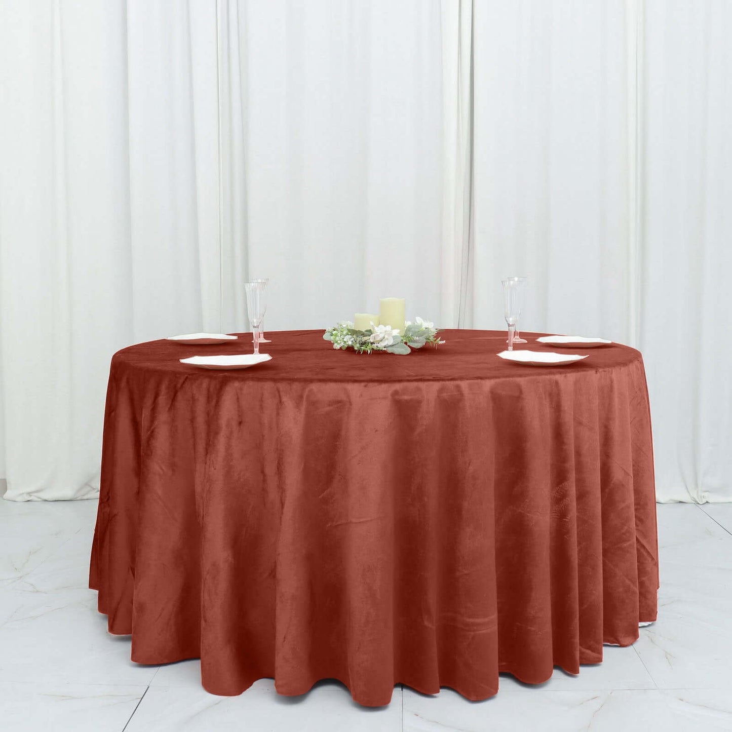 120" Terracotta (Rust) Seamless Premium Velvet Round Tablecloth, Reusable Linen
