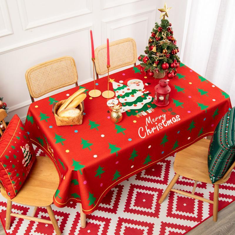 Santa Claus and Christmas Tree Christmas Tablecloth, New Year Tablecloth, Red Table Cover, Washable Table Cloths for Dinner, Parties, Holiday Decorations