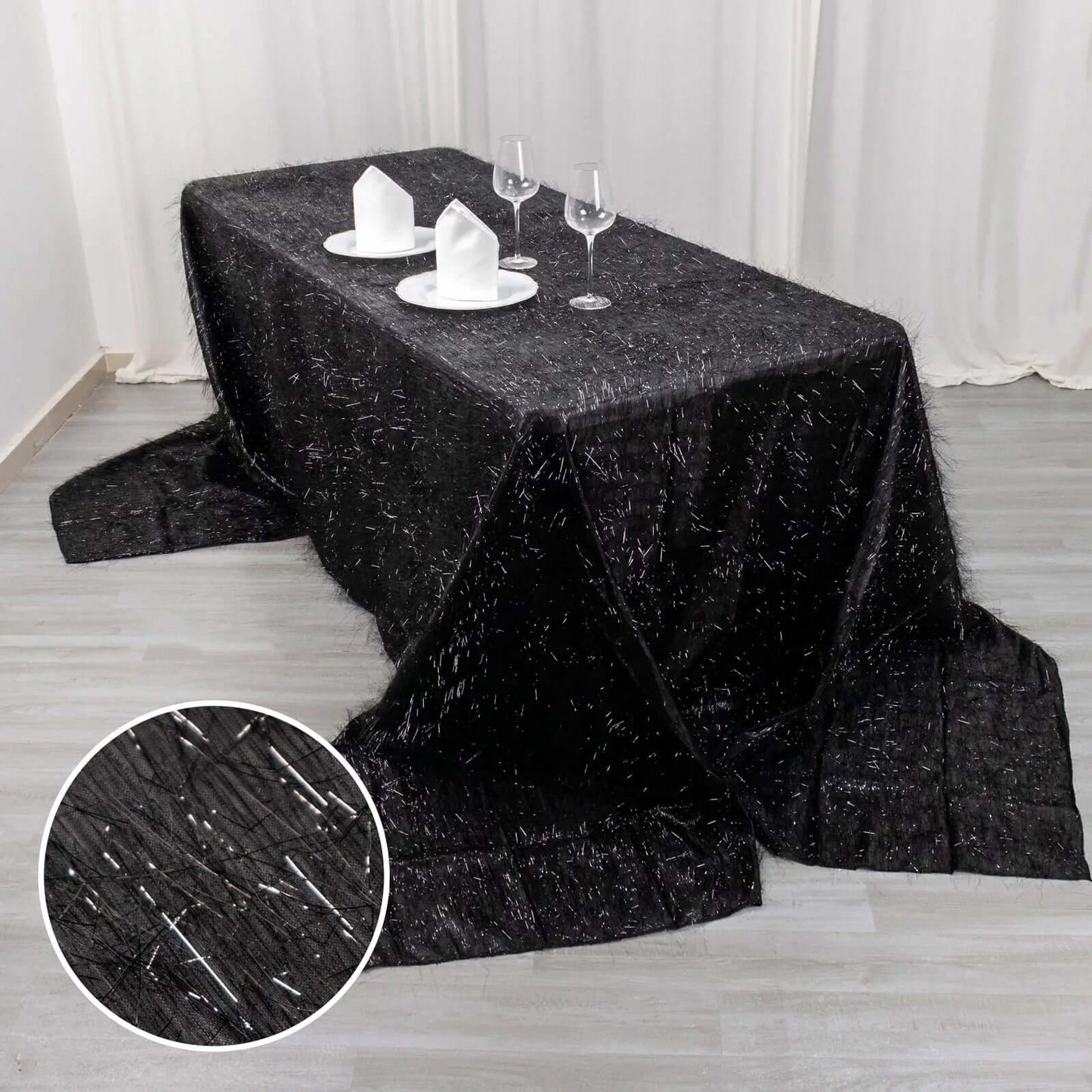 90"x156" Black Metallic Premium Tinsel Shag Rectangular Tablecloth, Shimmery Metallic Fringe Polyester Tablecloth