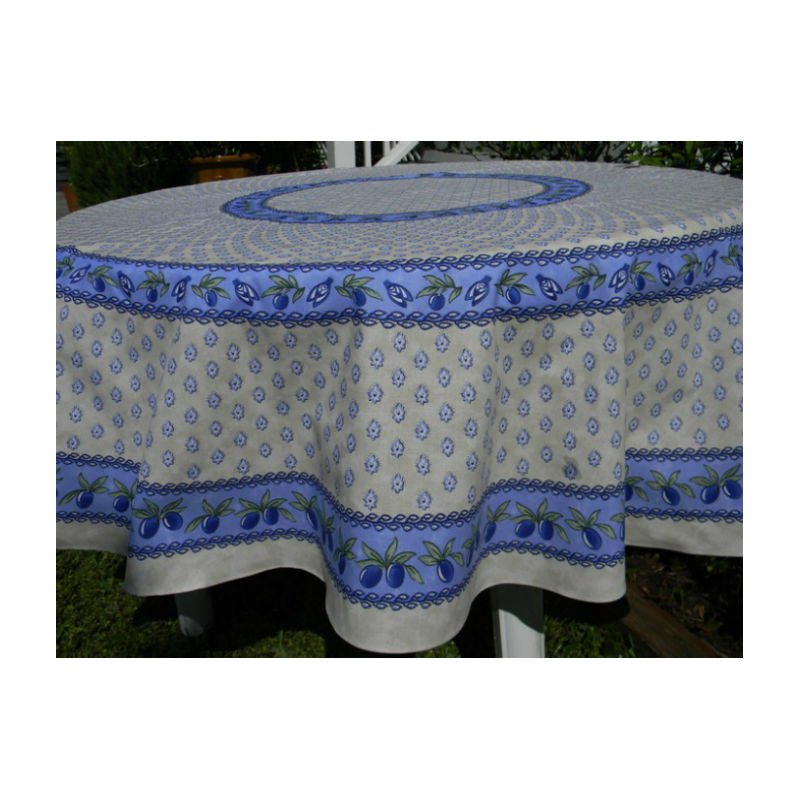 Monaco Creme & Blue Provencal Tablecloth | 70" Round | Easy Care Coated Cotton