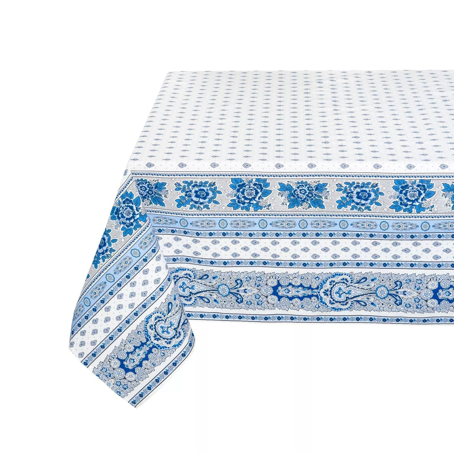 Bastide White & Blue Rectangular Provencal Tablecloth | 59" x 78" | Easy Care Coated Cotton