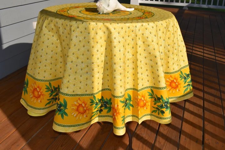 Sunflower Yellow Provencal Tablecloth | 70” Round | Easy Care Coated Cotton