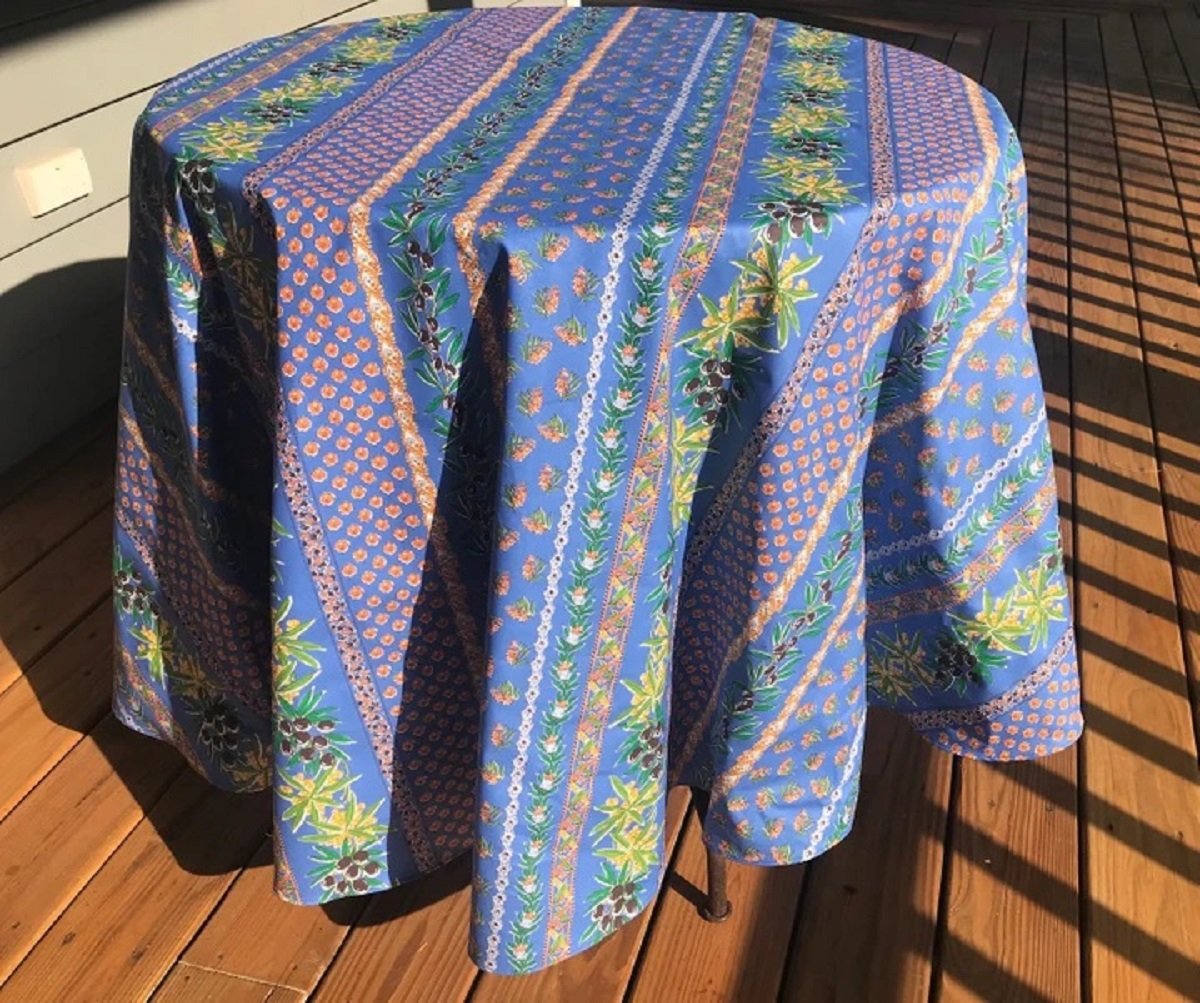 Olives & Mimosas Blue Provencal Tablecloth | 70" Round | Easy Care Coated Cotton