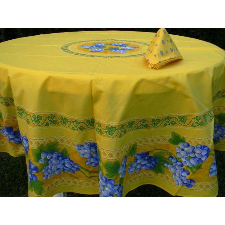 Grapes Yellow Provencal Tablecloth | 70" Round | Easy Care Coated Cotton